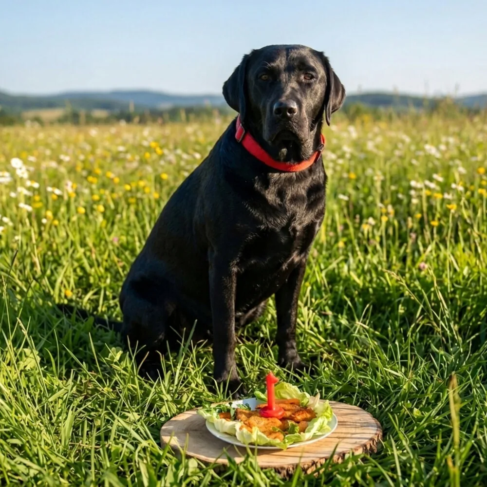 Crni labrador sa tanjirom poslastica u cvetnoj livadi